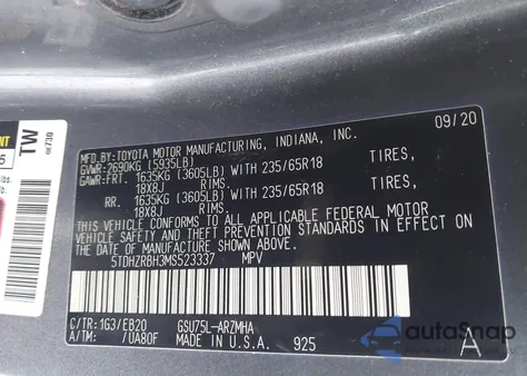 2021 Toyota Highlander Xle from USA, damaged, VIN 5TDHZRBH3MS523337